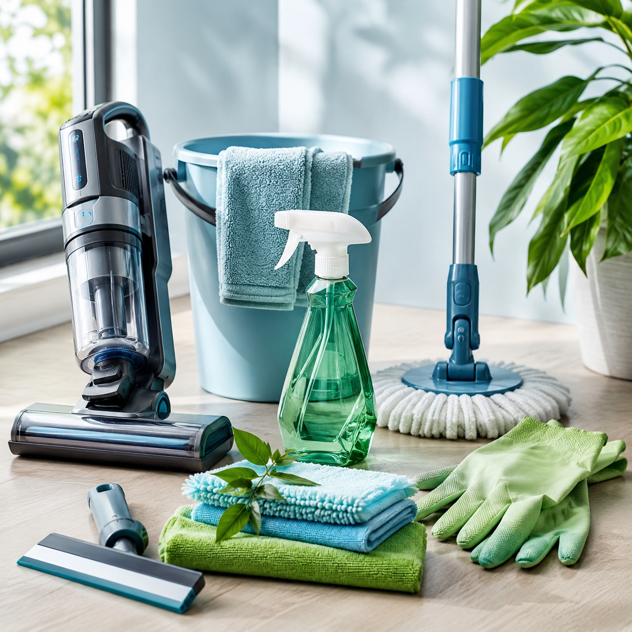 Eco Clean Reinigungszubehör mit Eimer, Sprühflasche, Handschuhen, Mopp und Staubsauger